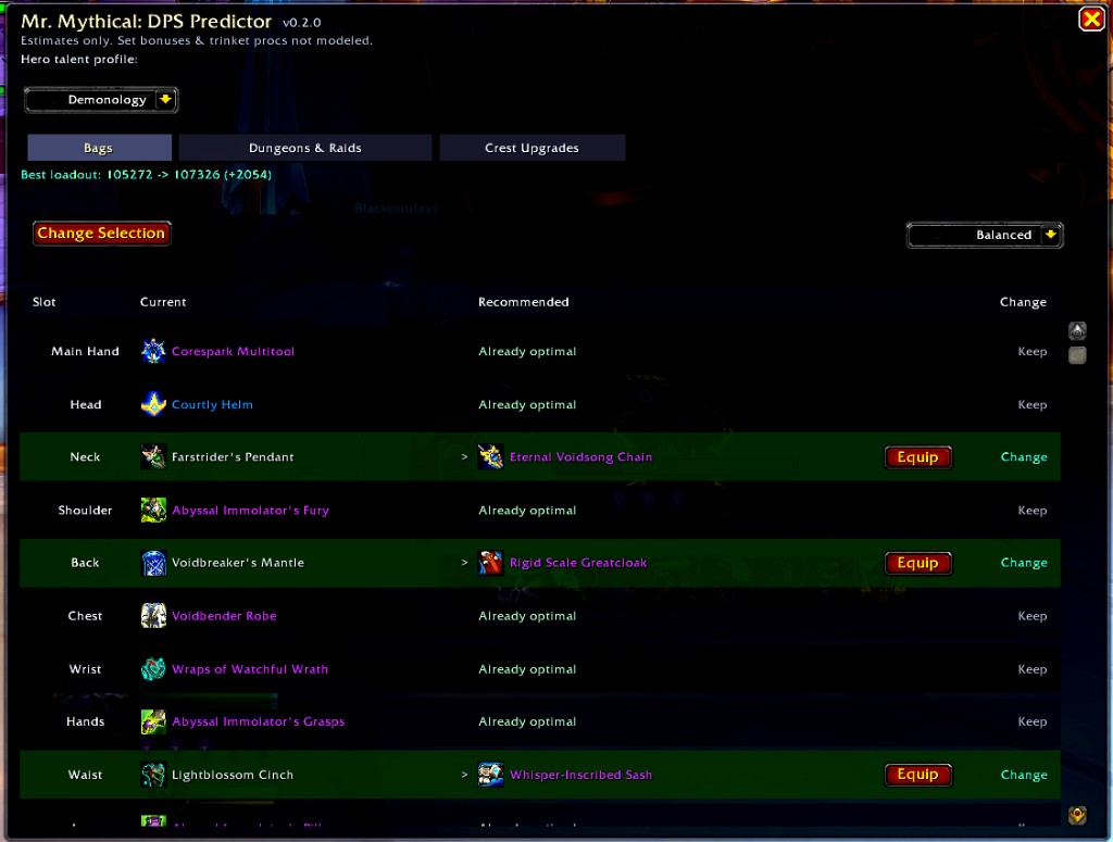 Mr. Mythical DPS Predictor Bags tab showing best loadout from inventory with Equip buttons